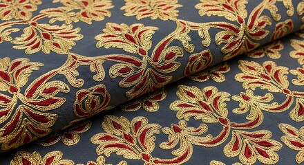 Exquisite floral embroidery textile with gold and red thread detail.