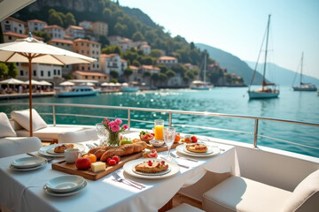 Fresh breakfast in a beautiful location with sea views. Luxury summer vacation or honeymoon destination. Table with gourmet delicious food near the sea with horizon. AI