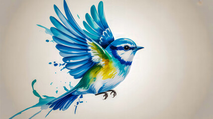 Blue bird in flight watercolor splash flying wings