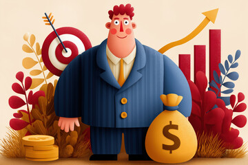 Successful Businessman with Money Bag and Growth Chart, Cartoon Financial Achievement Illustration