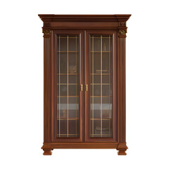 A wooden cabinet with two glass doors