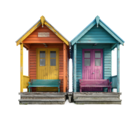 Colorful beach huts coastal area bright environment front view isolated on transparent background, png