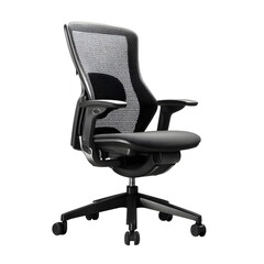 A black office chair with a mesh back and a black seat