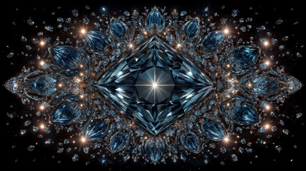 a large, sparkling diamond surrounded by smaller diamonds and gemstones, all set against a dark background, creating a radiant and luxurious appearance.