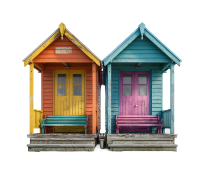Colorful beach huts coastal area bright environment front view isolated on transparent background, png