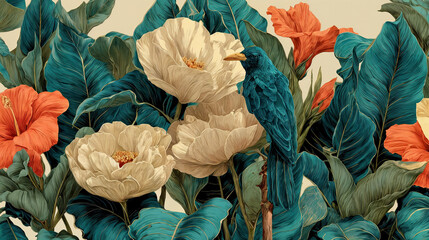 a vibrant tropical scene with large, colorful flowers and green leaves. A blue bird is perched among the flowers, adding a focal point to the composition.