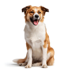 A brown and white dog is sitting on a white background