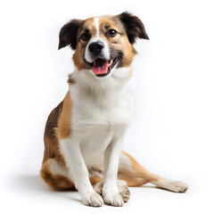A brown and white dog is sitting on a white background
