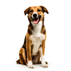 A brown and white dog is sitting on a white background