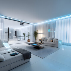 A white living room with a couch and a coffee table