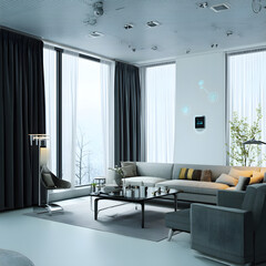 A living room with a couch, a coffee table, and a chair