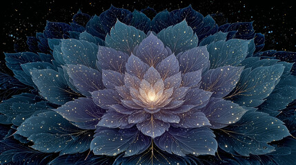 a large, intricate lotus flower with a glowing center, surrounded by dark, starry leaves. The flower and leaves are detailed with delicate textures and sparkling stars, set against a dark, background.