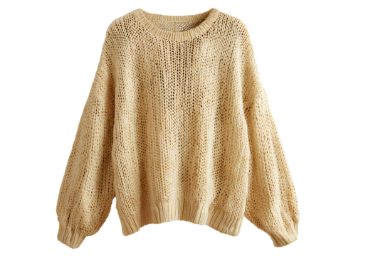 A flat lay photograph of an oversized sweater in a pale yellow hue, isolated against a transparent background.