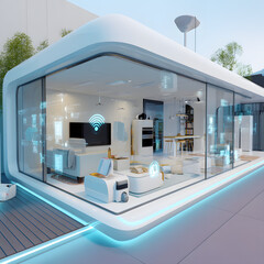 A white building with a blue and white design