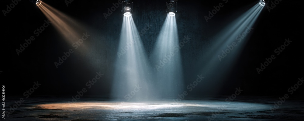 Poster dramatic spotlights illuminate a stage, creating a captivating atmosphere with beams of light agains