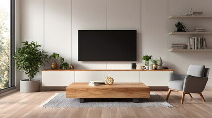 tidy media unit with minimal decor, balanced light, 8k resolution