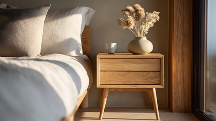 light wood nightstand next to bed, soft focus, clean lines, 8k resolution