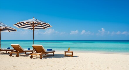 Seaside bliss with lounge chairs and striped umbrellas on a pristine sandy beach under clear skies, evoking relaxation and a vacation atmosphere.