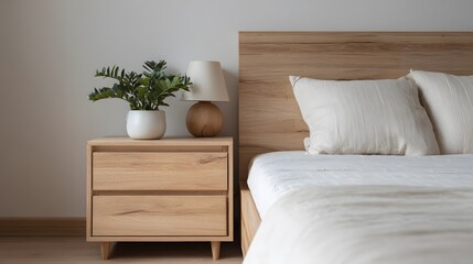light wood nightstand next to bed, soft focus, clean lines, 8k resolution