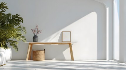 white minimal console table in hallway, bright natural backdrop, 8k resolution