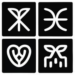 Four abstract white symbols on black squares graphic