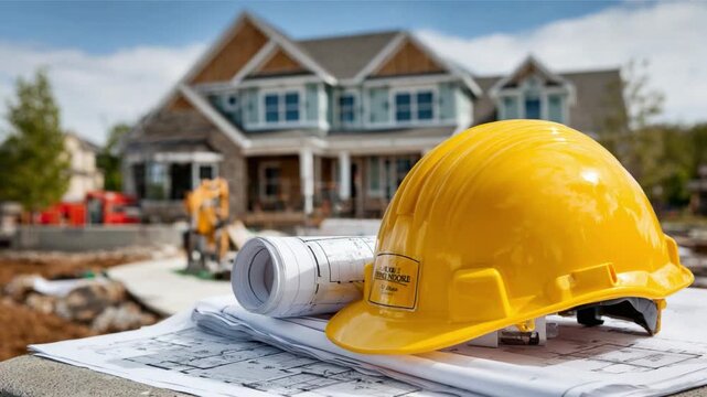 Construction Blueprint with Safety Equipment: A sun-drenched construction site where a new house gradually takes shape.