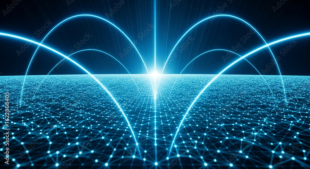 Poster abstract blue network, glowing lines converging at bright center, creating dynamic, interconnected c