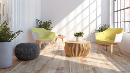 small sitting area with natural texture furniture, bright tones, 8k resolution