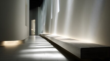 linear bench in gallery-like space, precise shadows, 8k resolution