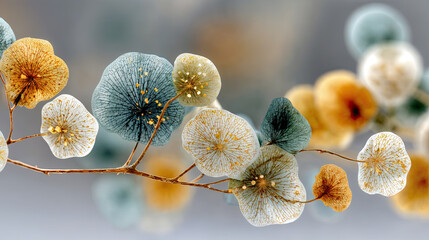 a close-up of dried, spherical flowers with intricate patterns and a mix of colors including shades of blue, white, and brown. The flowers are arranged on a thin, brown stem.