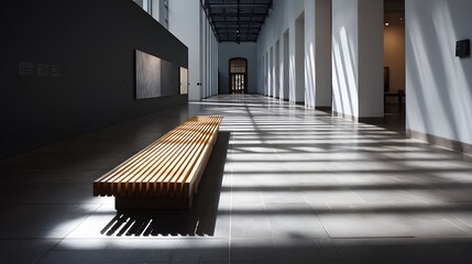 linear bench in gallery-like space, precise shadows, 8k resolution