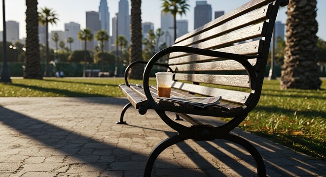 A peaceful park scene shows a bench in the sunlight with coffee and newspaper offering a moment of relaxation amidst the cityscape backdrop.
