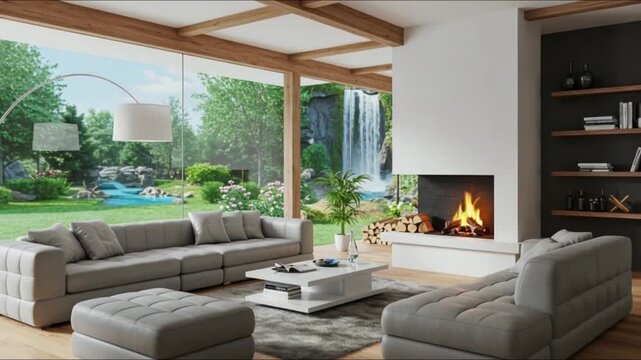 Modern living room with gray sofas fireplace wooden ceiling beams and large window overlooking garden view perfect for interior design real estate home staging or cozy lifestyle background