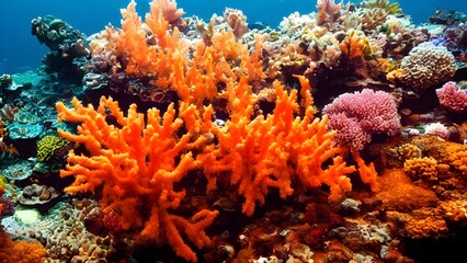 Colorful fish swim around a vibrant coral reef in the deep blue ocean