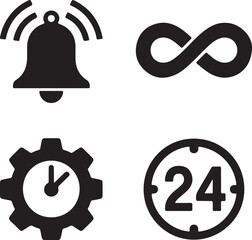Vector icons: notification bell sign, infinity symbol, clock gear, 24-hour service vector illustration.