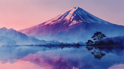 Tranquil watercolor landscape with majestic mountains and serene reflections