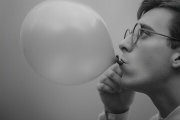 A man wearing spectacles inflating a balloon.
