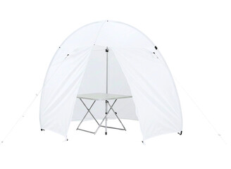 White portable pop up tent with foldable chair inside isolated on transparent background