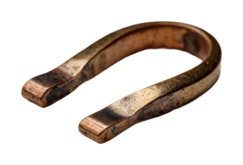 Copper horseshoe shape metal artifact industrial rustic detailed view isolated on transparent background, png
