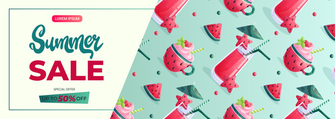 Promo banner with watermelon dessert and drink. The concept of summer, summer sale. Vector illustration for posters, banners, advertisements, flyers
