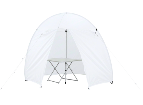 White portable pop up tent with foldable chair inside isolated on transparent background