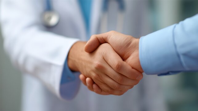 Handshake of trust: A close-up shot depicts a warm handshake between a medical professional and a patient, symbolizing trust, care, and a commitment to health. 