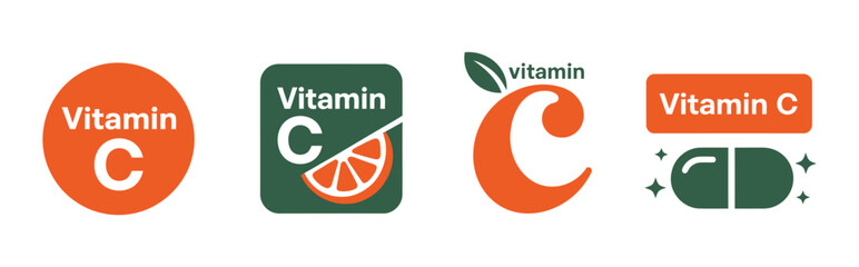 Set of four creative Vitamin C-themed icon designs featuring citrus slices, pills, leaves, and bold typography in orange and green palette.