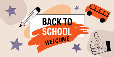 Back to school welcome poster with pencil, school bus, thumbs-up gesture, and stars on pastel abstract background—ideal for educational campaigns.