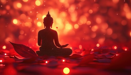 Buddha'S Silhouette On Leaf With Illuminating Lights In Red: Celebrating Bodhi Day, Buddha Purnima, Vesak, Rohatsu, Makha Bucha, And More