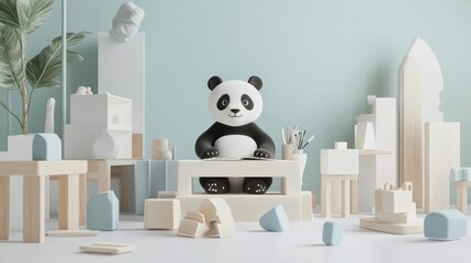 Panda Bear Sitting at Table in Playroom Setting