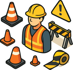An isometric vector illustration set featuring a construction worker, traffic cones, and various safety elements for building site warnings.