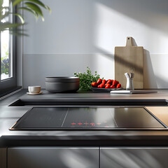 White background promotional photo of a LED-integrated induction cooktop for upscale kitchen branding. --s 250 --v 6.0