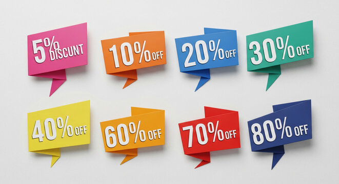 Colorful origami-style discount banners showcase percentages off, from 5% to 80%, ideal for sale promotions or marketing materials