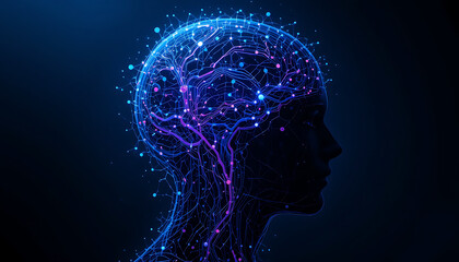 Obraz premium Abstract digital neural network brain visualization glowing with blue and purple lights on a dark background representing artificial intelligence and connectivity